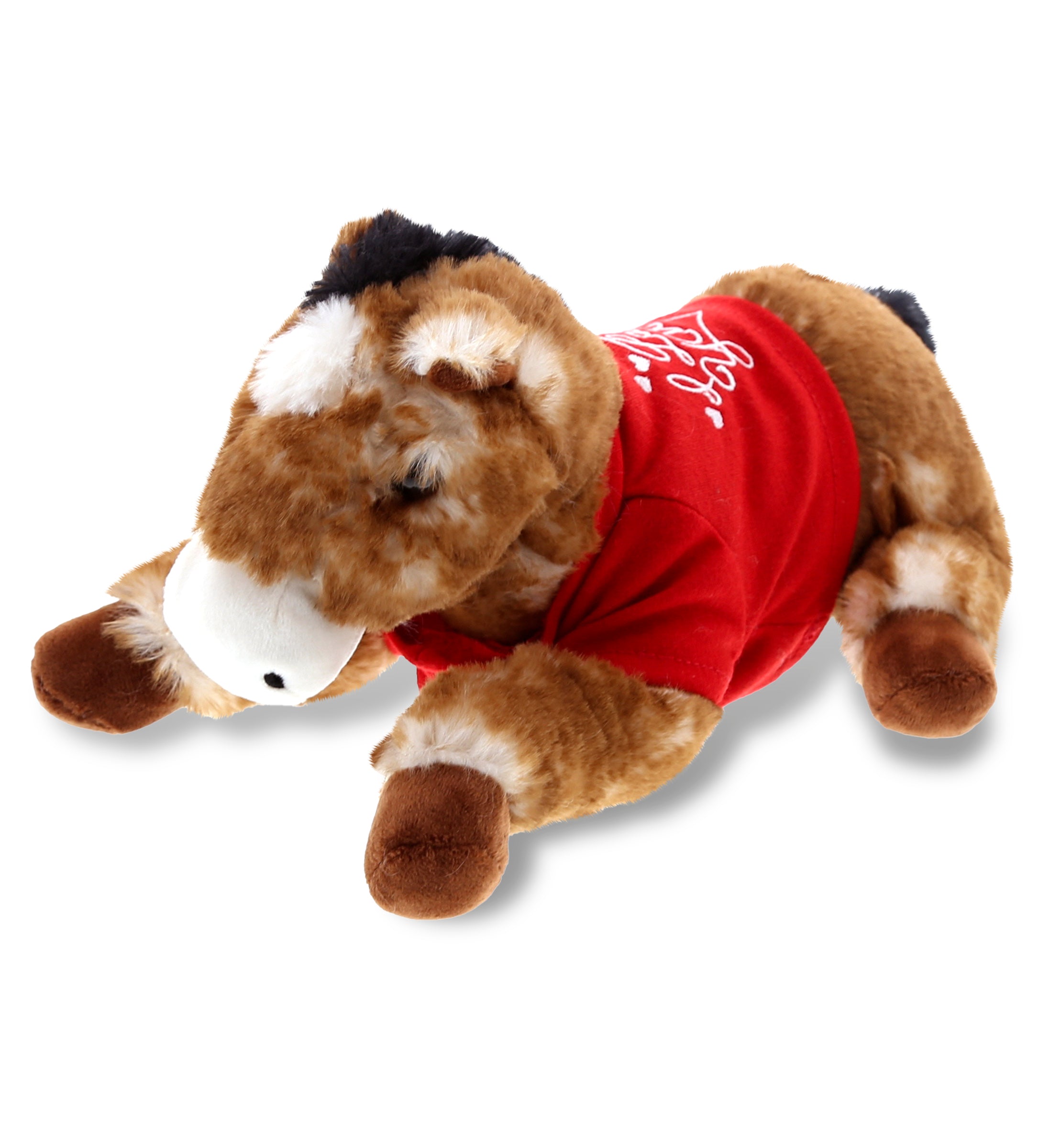 PLUSH I LOVE YOU RED SHIRT- SUPER SOFT PLUSH - LYING BROWN HORSE