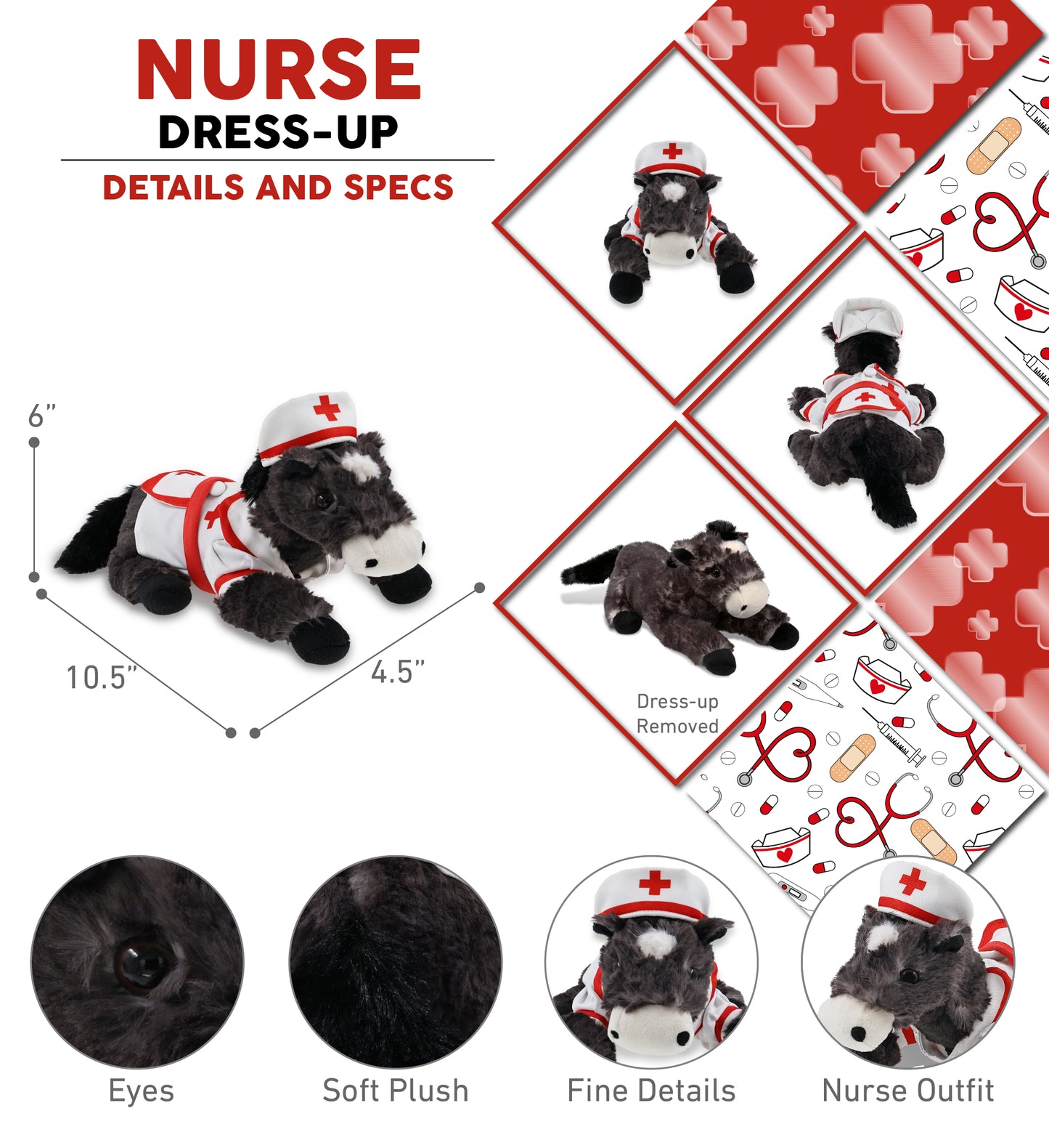SUPER SOFT PLUSH - LYING BLACK HORSE With NURSE Dress-Up