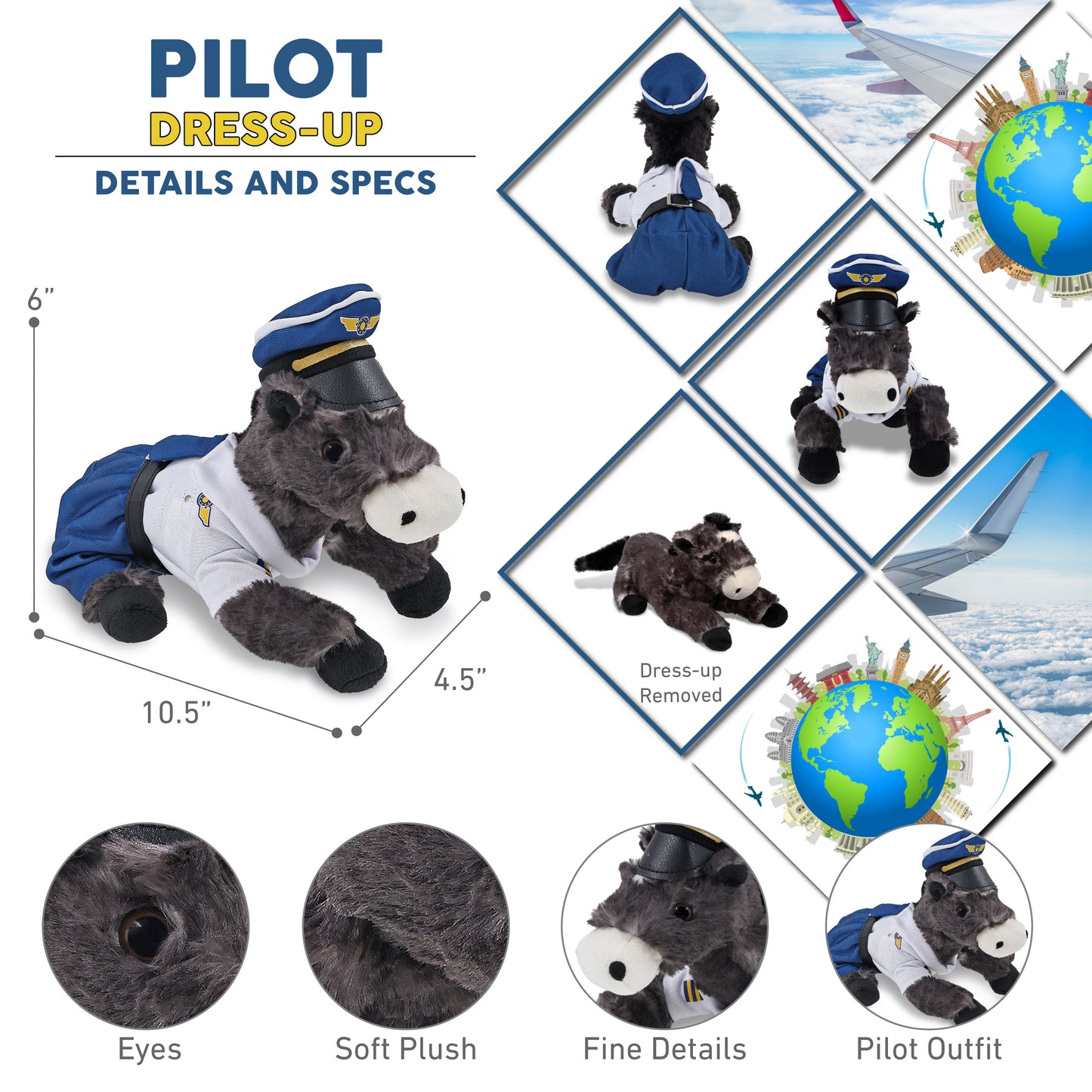 SUPER SOFT PLUSH - LYING BLACK HORSE WITH PILOT DRESS UP