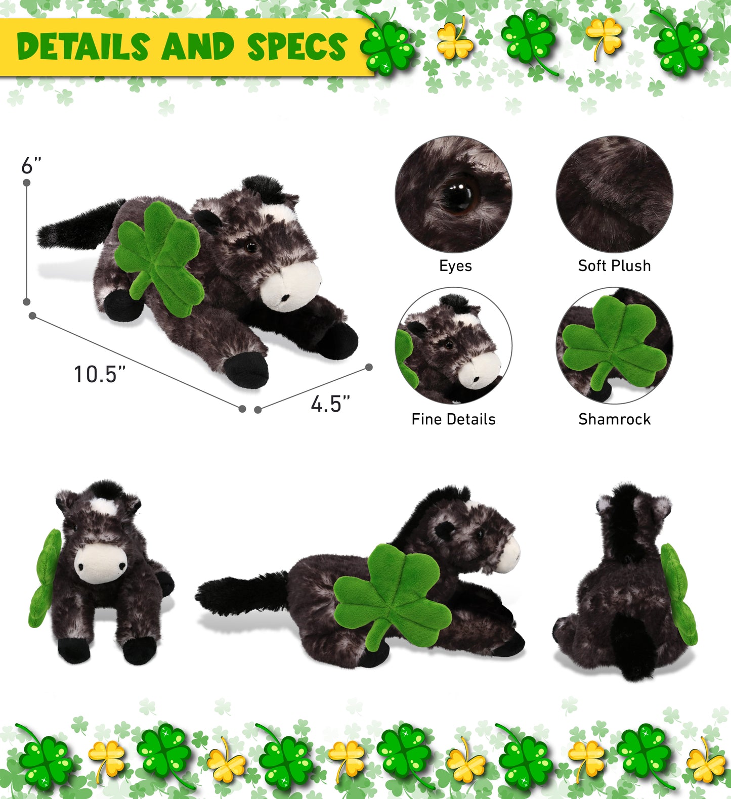 DolliBu Lying Black Horse Stuffed Animal with Green Plush Shamrock - 10.5 Inch