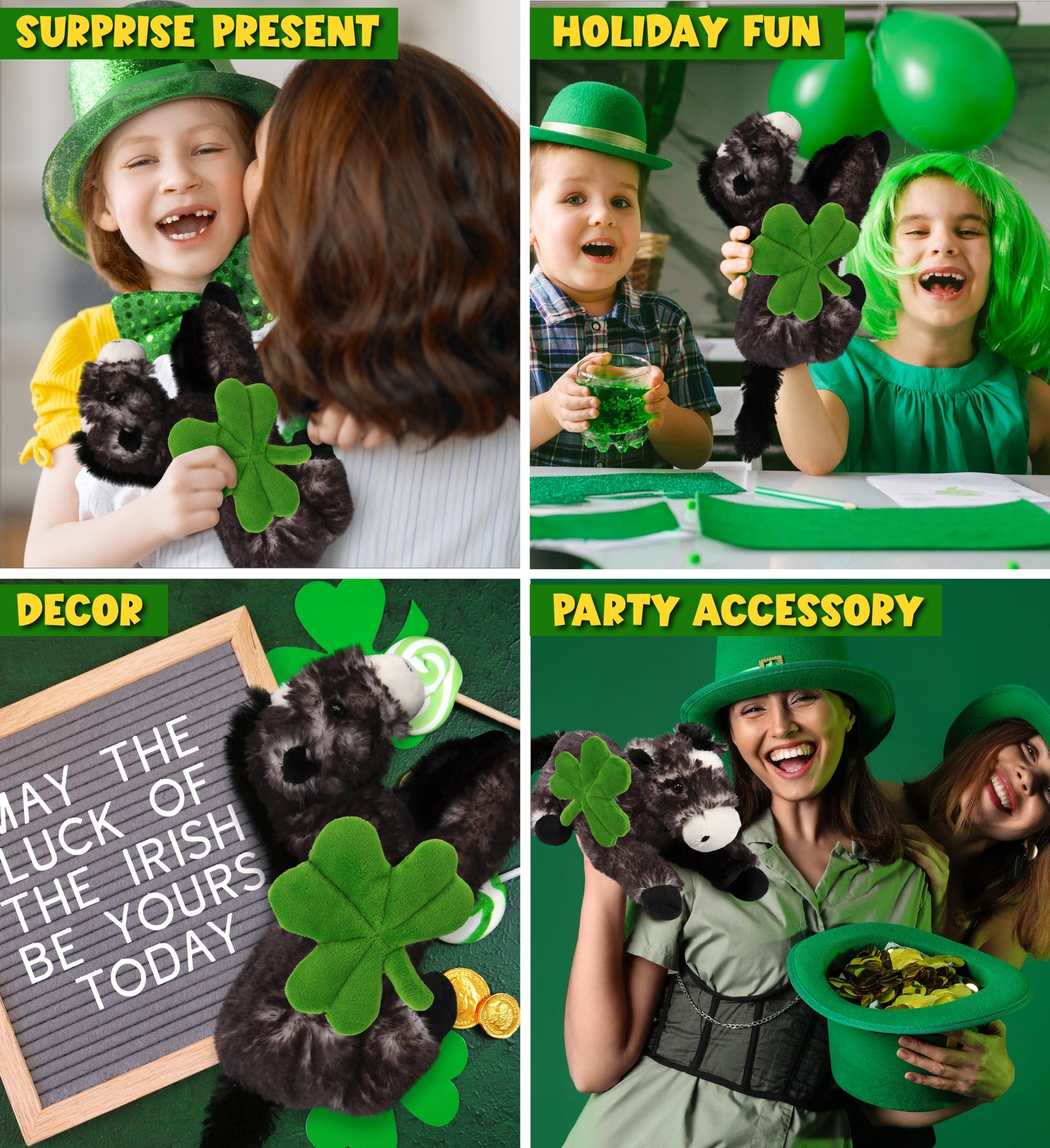 DolliBu Lying Black Horse Stuffed Animal with Green Plush Shamrock - 10.5 Inch