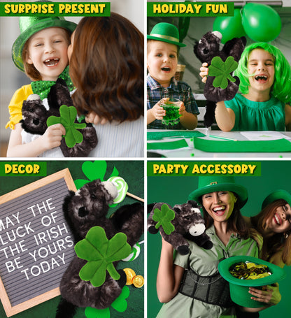 DolliBu Lying Black Horse Stuffed Animal with Green Plush Shamrock - 10.5 Inch