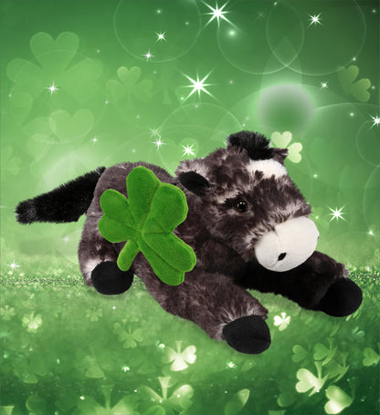 DolliBu Lying Black Horse Stuffed Animal with Green Plush Shamrock - 10.5 Inch