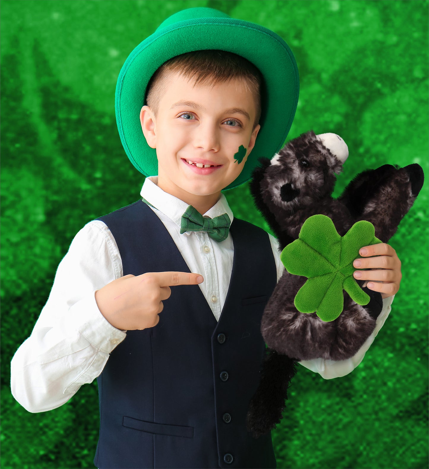 DolliBu Lying Black Horse Stuffed Animal with Green Plush Shamrock - 10.5 Inch
