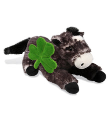 DolliBu Lying Black Horse Stuffed Animal with Green Plush Shamrock - 10.5 Inch