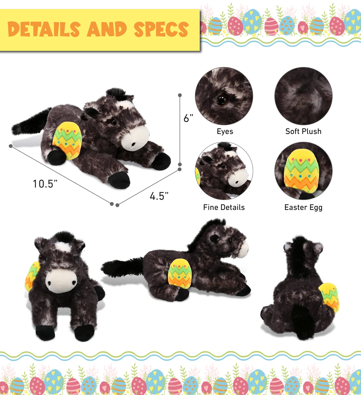 DolliBu Cute Wild Lying Black Horse with Yellow Easter Egg Plush - 10.5 Inches