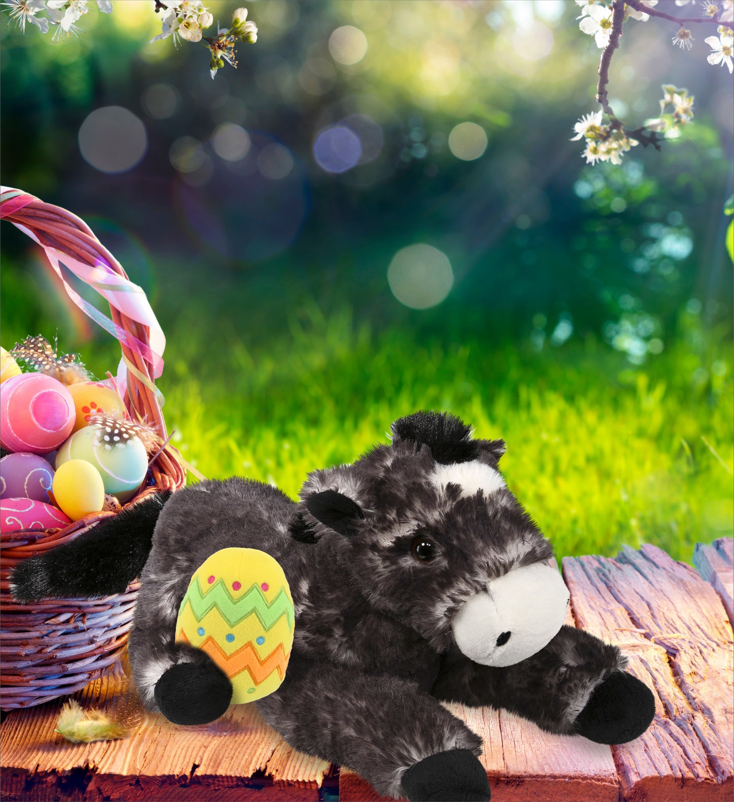 DolliBu Cute Wild Lying Black Horse with Yellow Easter Egg Plush - 10.5 Inches