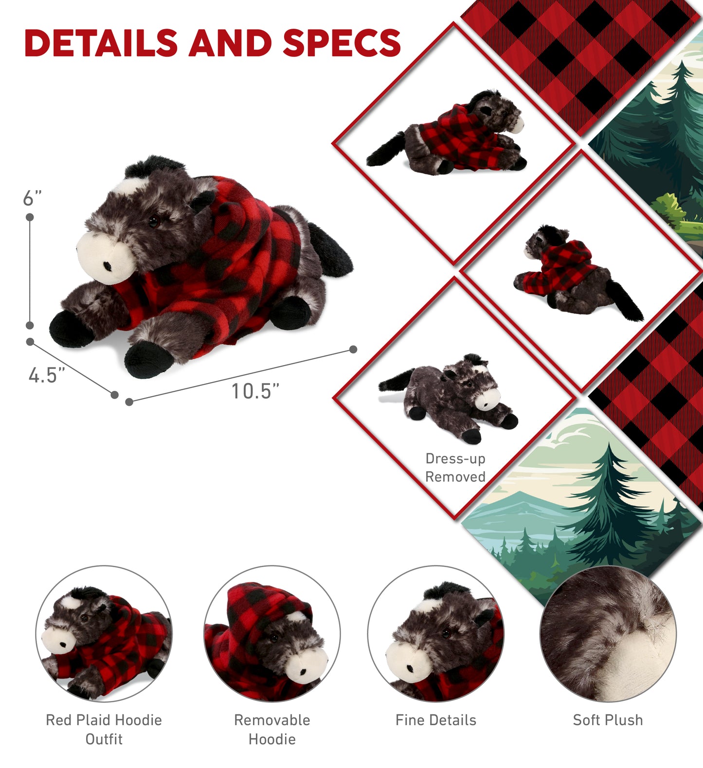 SUPER SOFT PLUSH - LYING BLACK HORSE WITH RED PLAID HOODIE