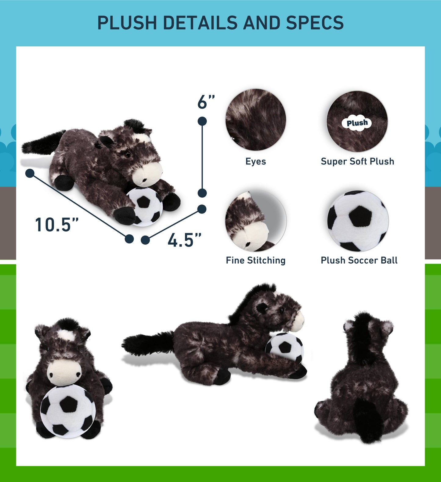 SUPER SOFT PLUSH - LYING BLACK HORSE WITH SOCCER PLUSH
