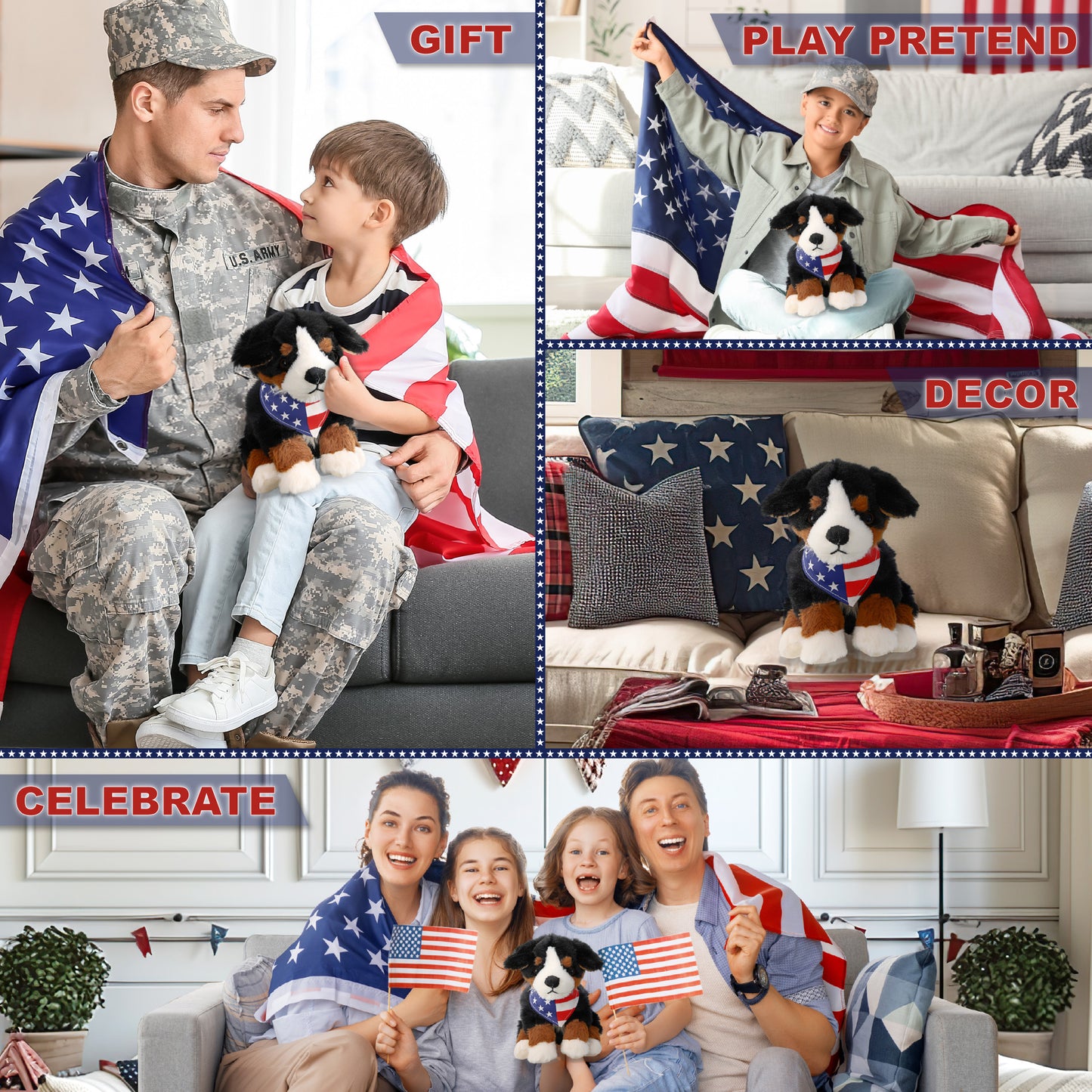 SUPER SOFT PLUSH - BERNESE DOG WITH USA BANDANA
