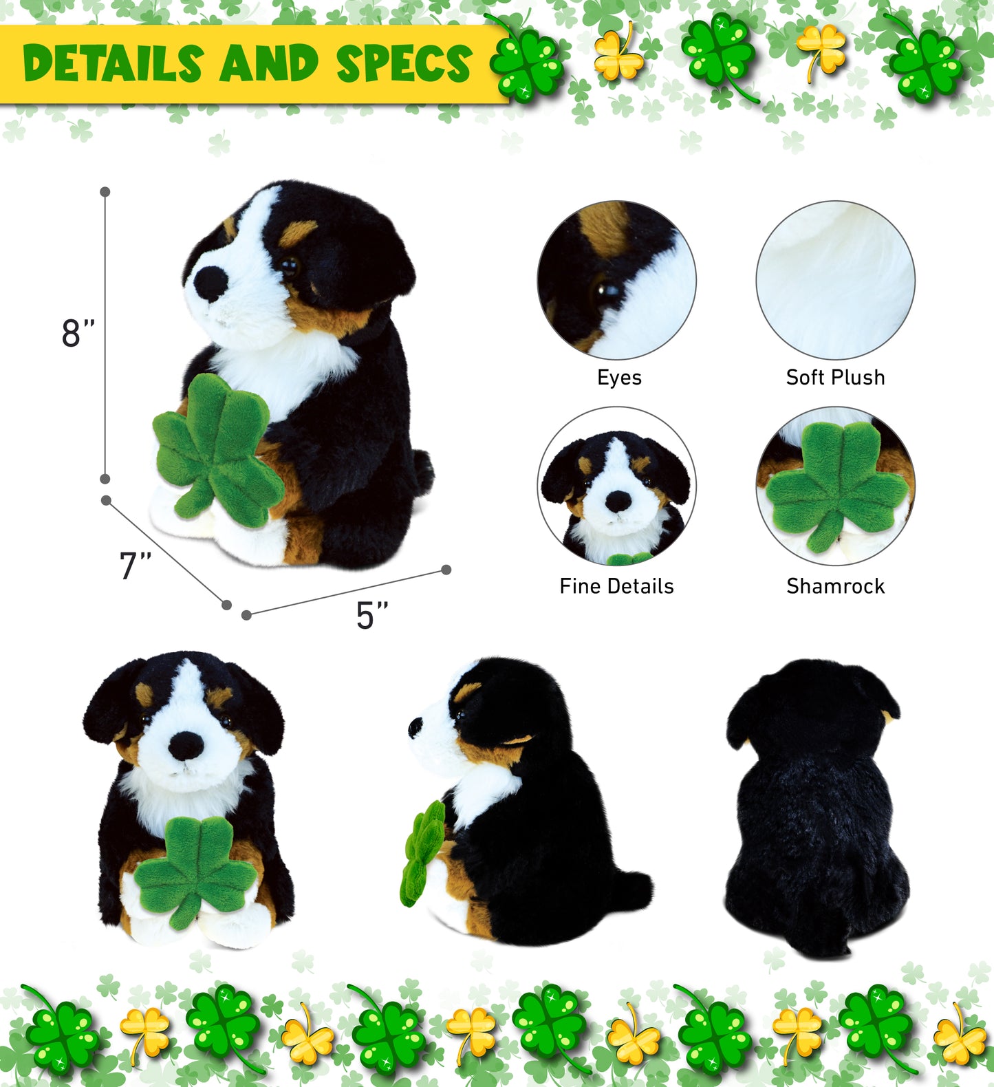 DolliBu Bernese Mountain Dog Stuffed Animal with Green Plush Shamrock - 8 Inch