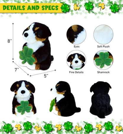 DolliBu Bernese Mountain Dog Stuffed Animal with Green Plush Shamrock - 8 Inch