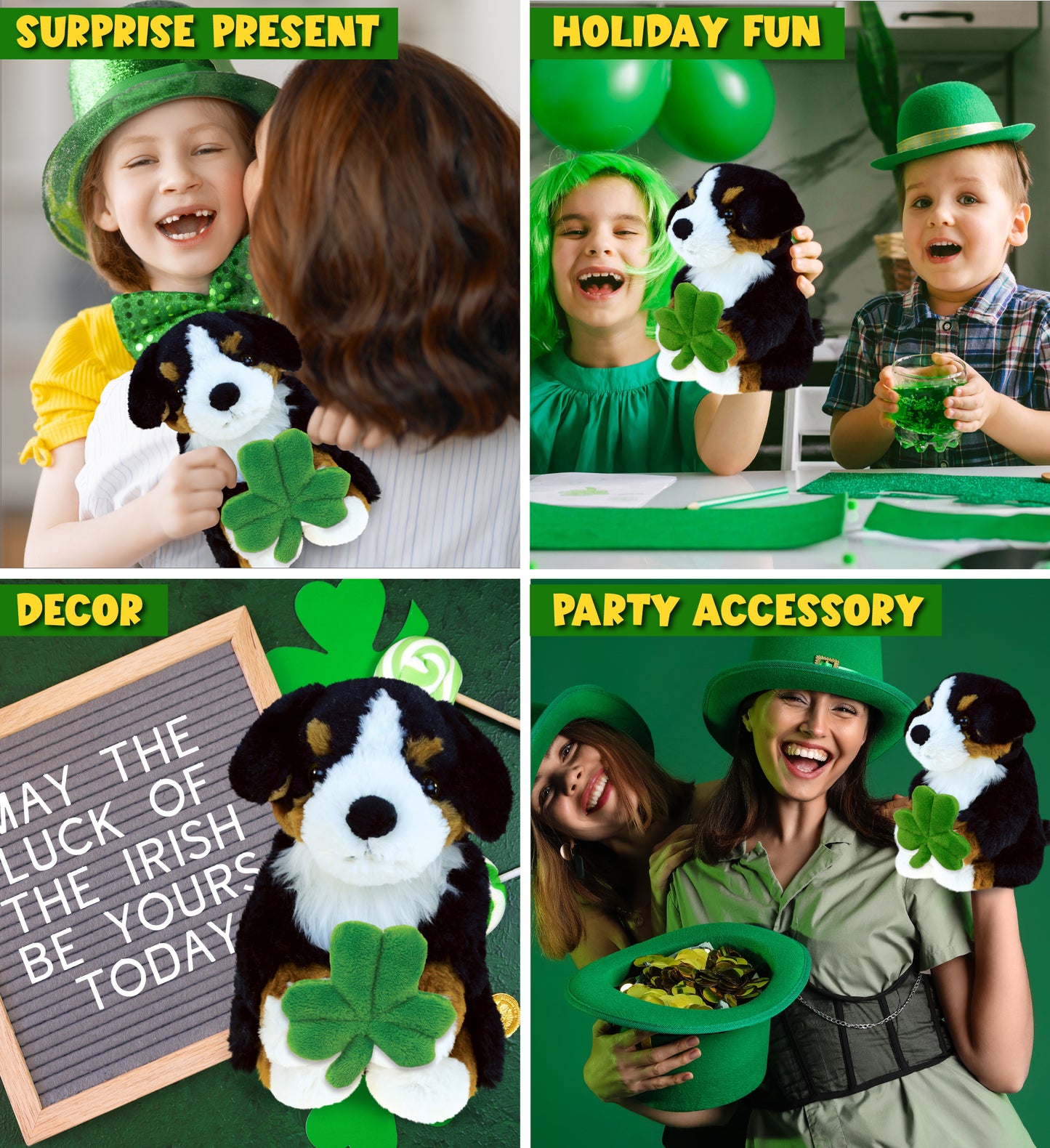 DolliBu Bernese Mountain Dog Stuffed Animal with Green Plush Shamrock - 8 Inch
