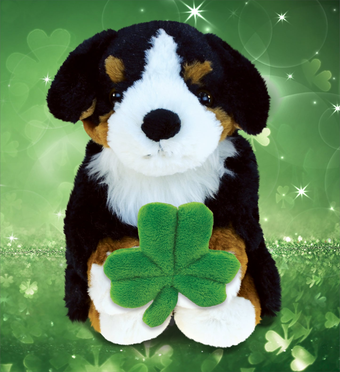 DolliBu Bernese Mountain Dog Stuffed Animal with Green Plush Shamrock - 8 Inch