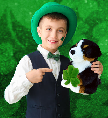 DolliBu Bernese Mountain Dog Stuffed Animal with Green Plush Shamrock - 8 Inch