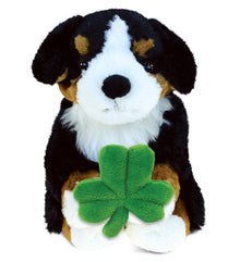 DolliBu Bernese Mountain Dog Stuffed Animal with Green Plush Shamrock - 8 Inch