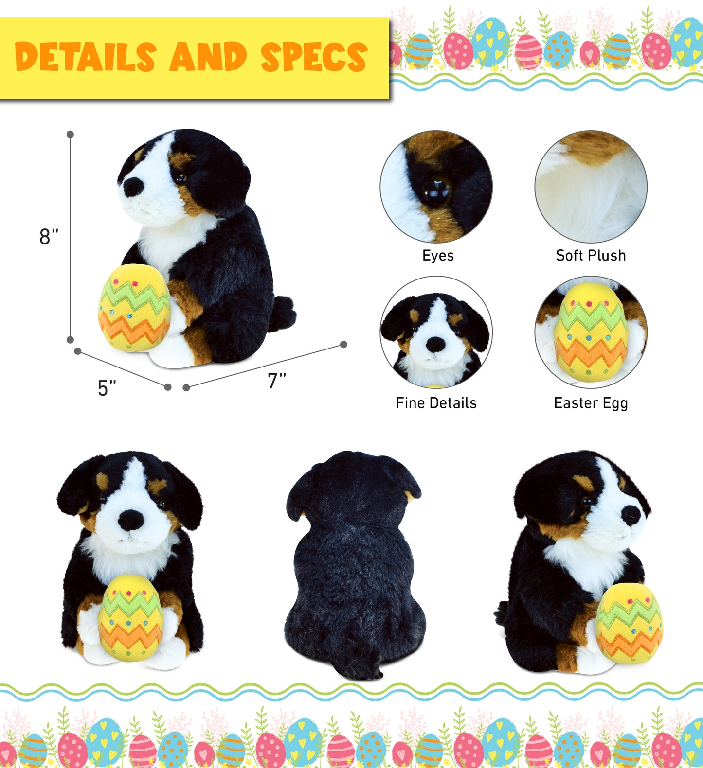 DolliBu Super Soft Bernese Mountain Dog with Yellow Easter Egg Plush - 8 Inches