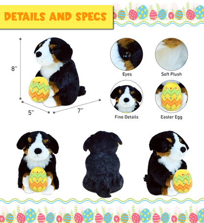DolliBu Super Soft Bernese Mountain Dog with Yellow Easter Egg Plush - 8 Inches