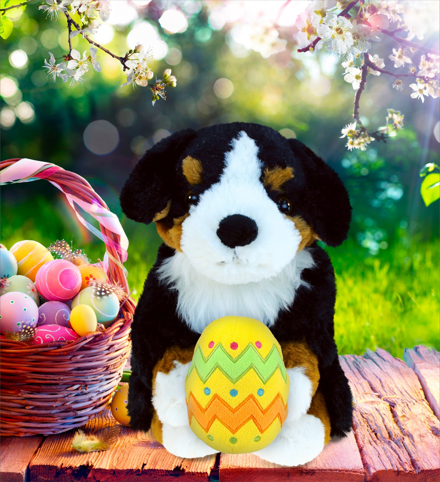 DolliBu Super Soft Bernese Mountain Dog with Yellow Easter Egg Plush - 8 Inches