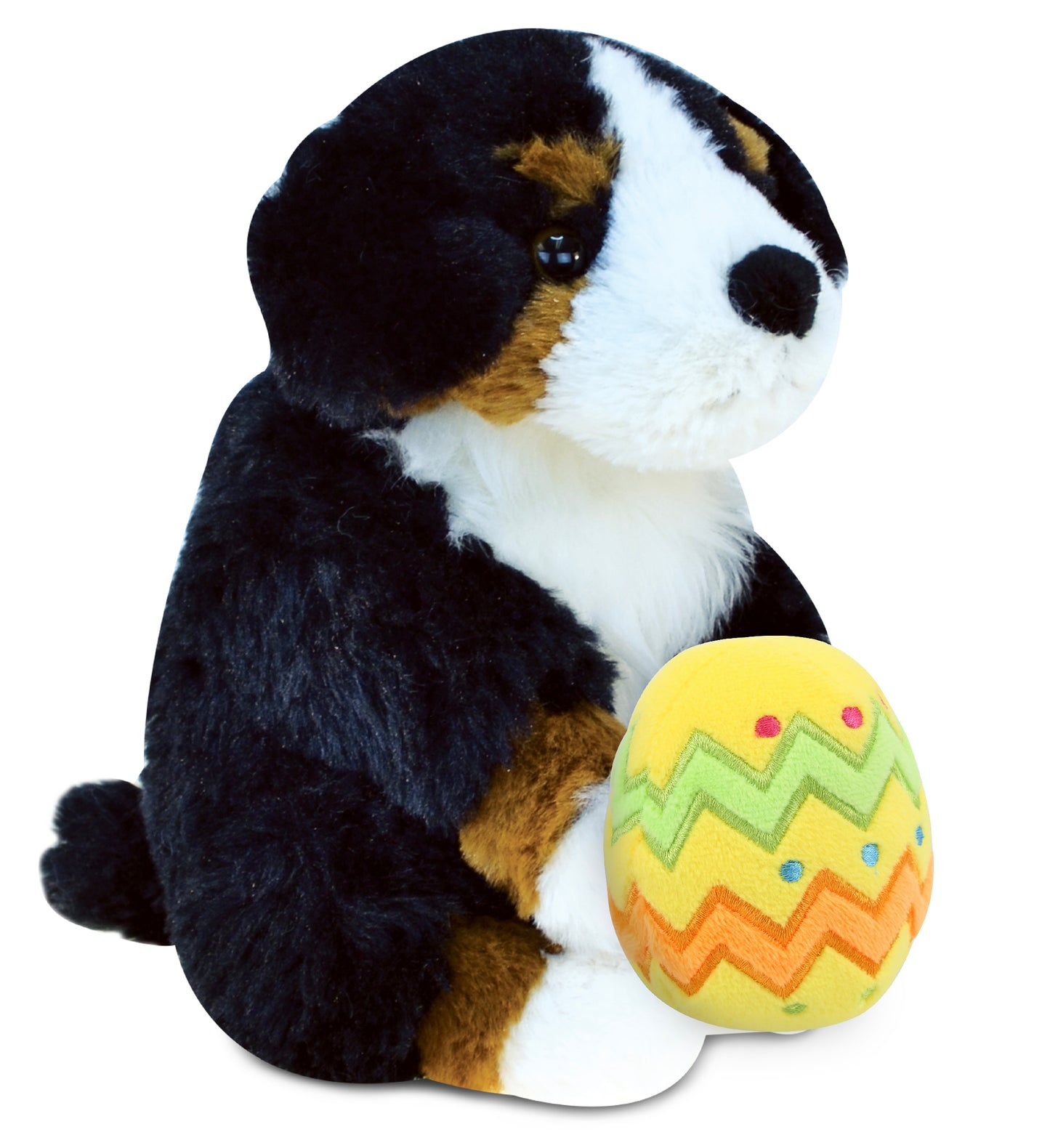 DolliBu Super Soft Bernese Mountain Dog with Yellow Easter Egg Plush - 8 Inches