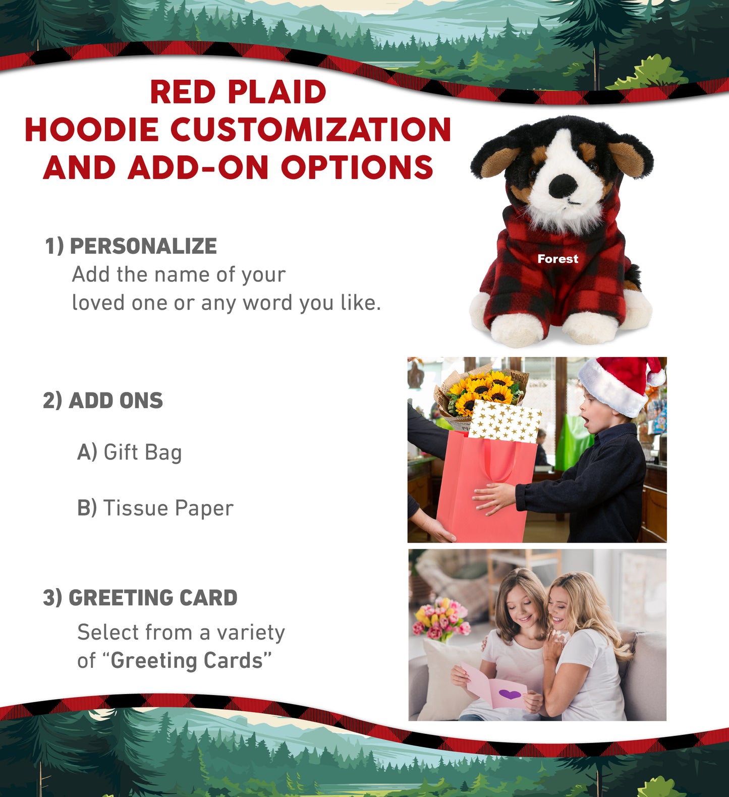 SUPER SOFT PLUSH - BERNESE DOG WITH RED PLAID HOODIE