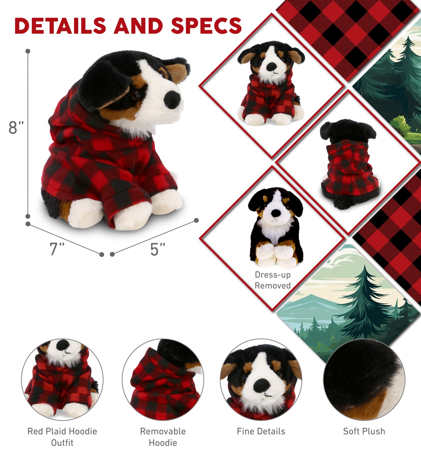 SUPER SOFT PLUSH - BERNESE DOG WITH RED PLAID HOODIE