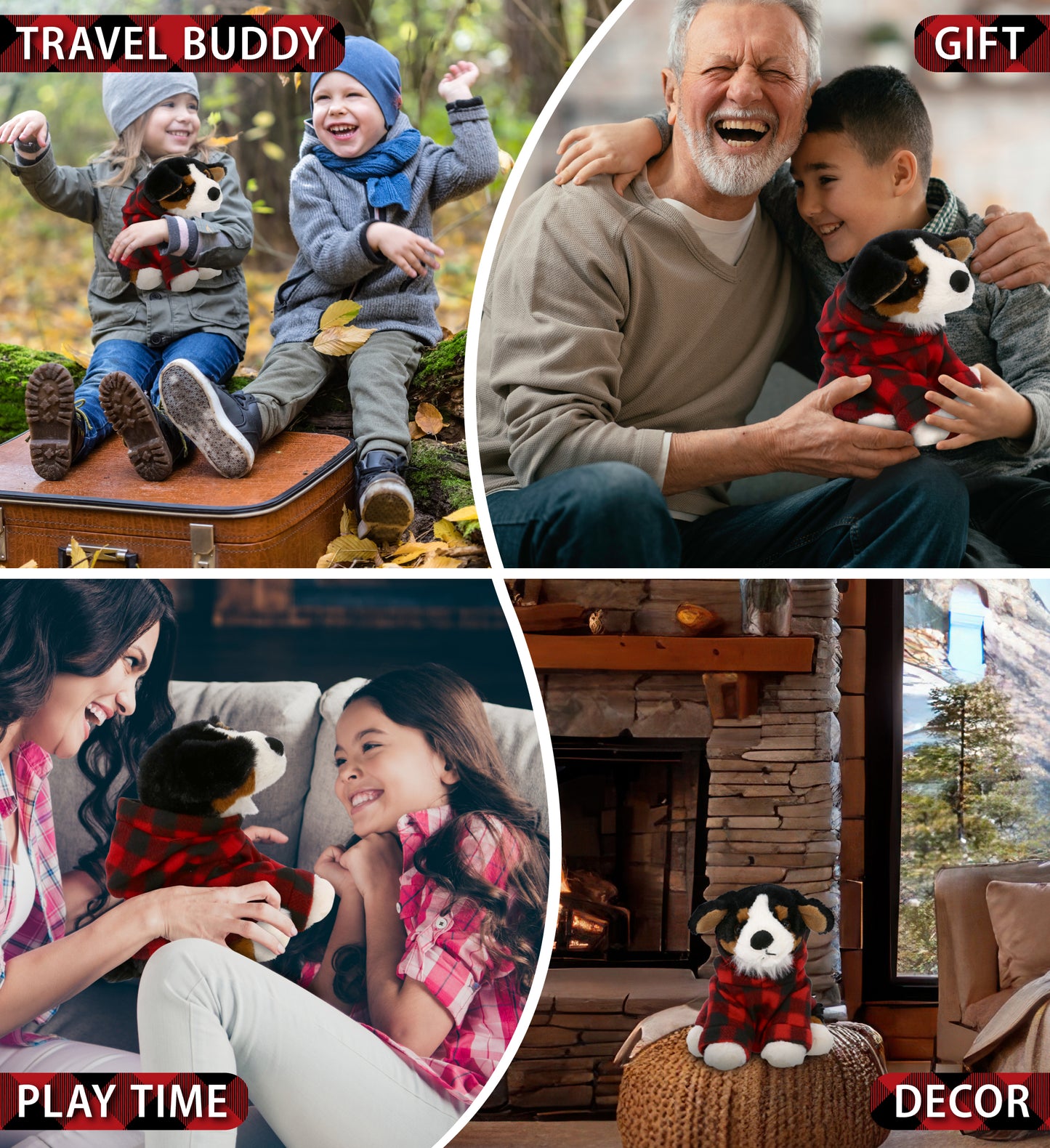 SUPER SOFT PLUSH - BERNESE DOG WITH RED PLAID HOODIE