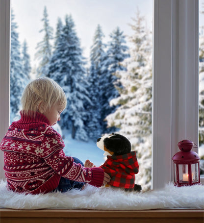 SUPER SOFT PLUSH - BERNESE DOG WITH RED PLAID HOODIE