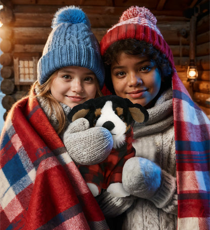 SUPER SOFT PLUSH - BERNESE DOG WITH RED PLAID HOODIE