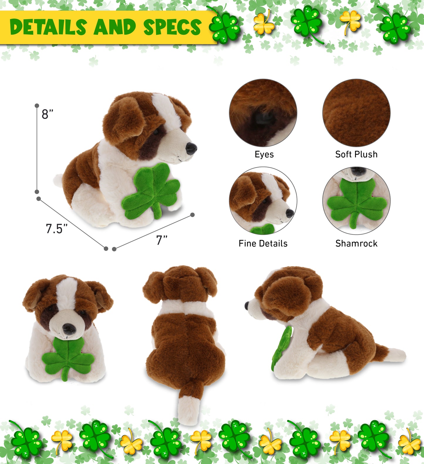 DolliBu St. Bernard Dog Stuffed Animal with Green Plush Shamrock - 8 Inches