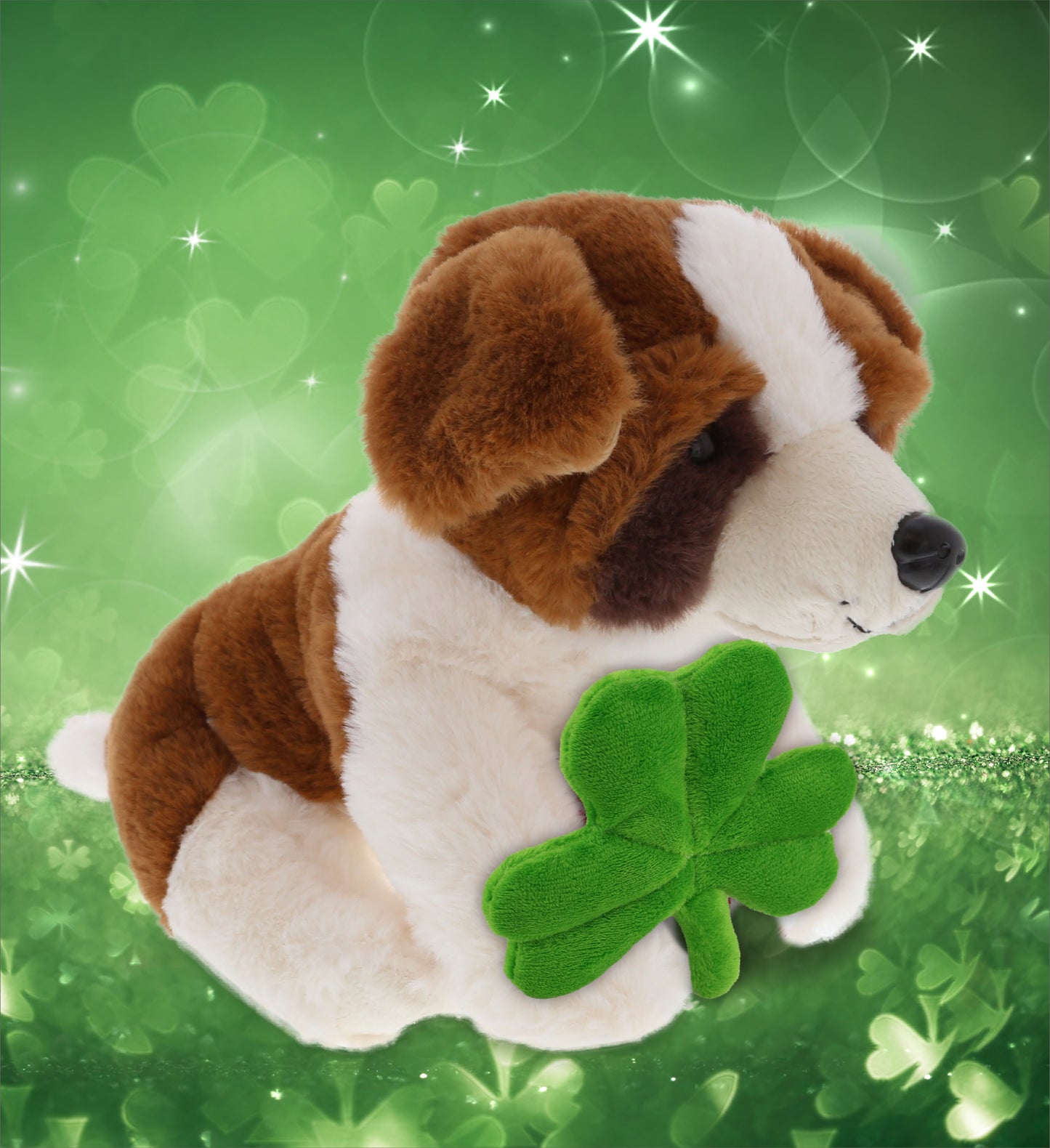 DolliBu St. Bernard Dog Stuffed Animal with Green Plush Shamrock - 8 Inches