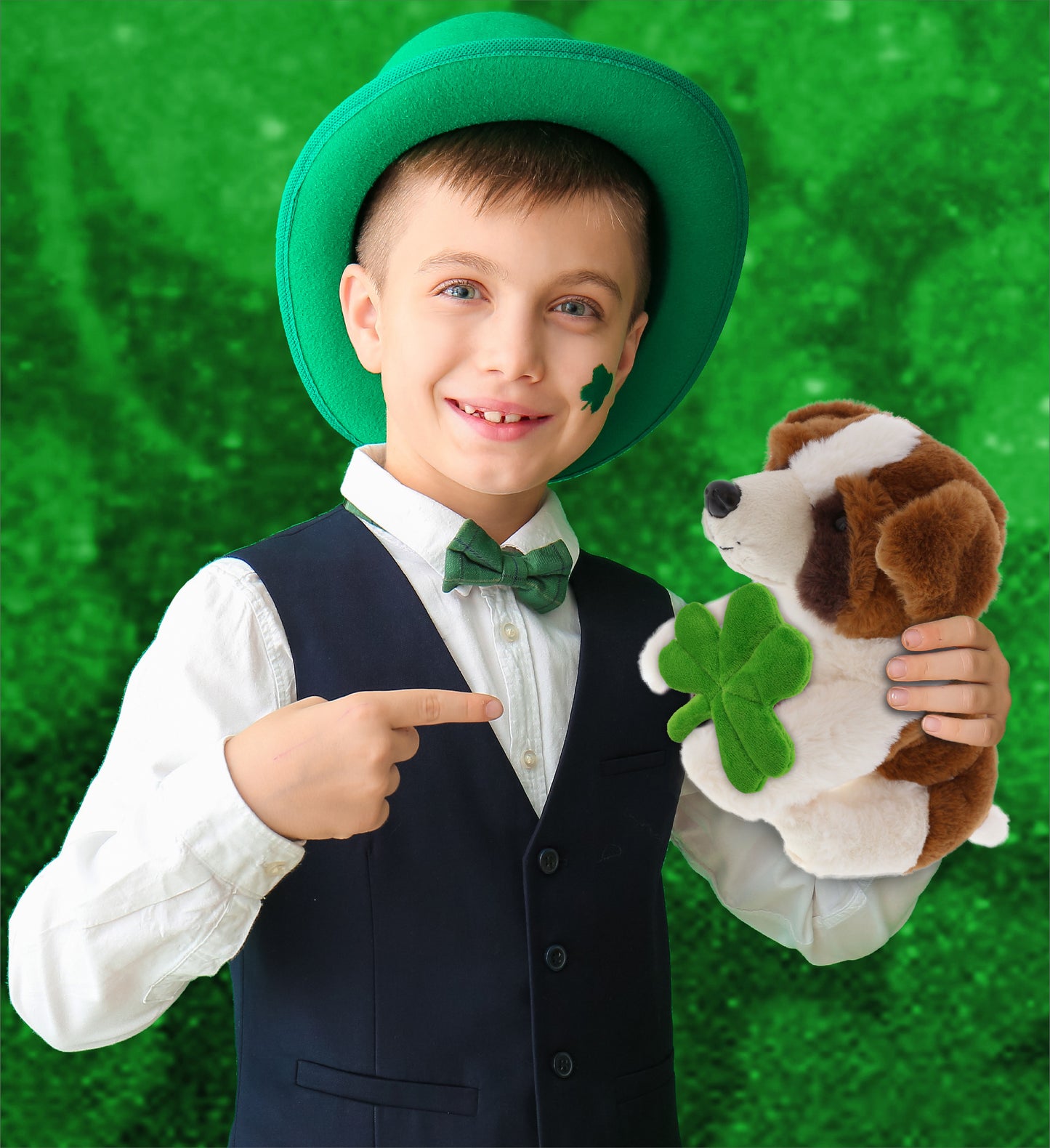 DolliBu St. Bernard Dog Stuffed Animal with Green Plush Shamrock - 8 Inches