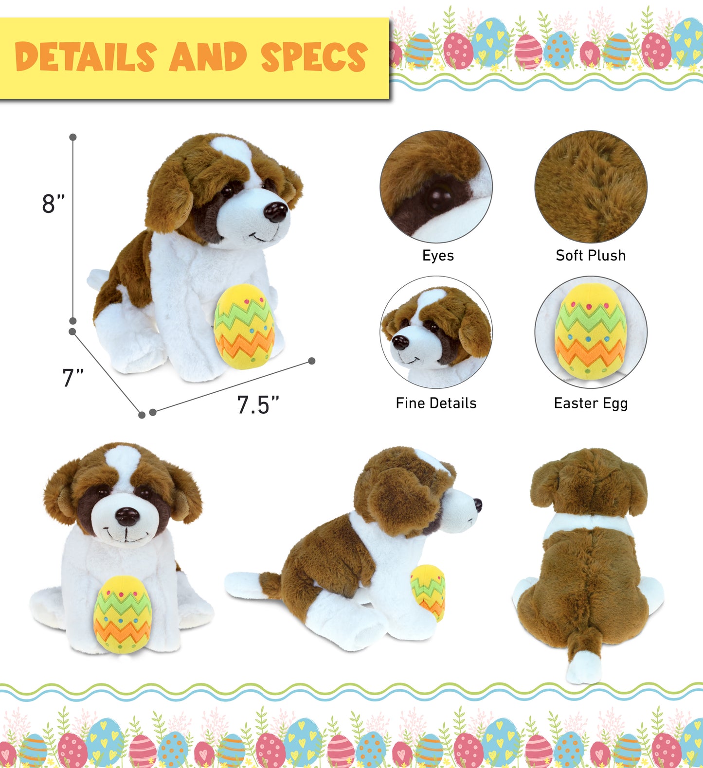 DolliBu Super Soft St. Bernard Dog with Yellow Easter Egg Plush - 8 Inches