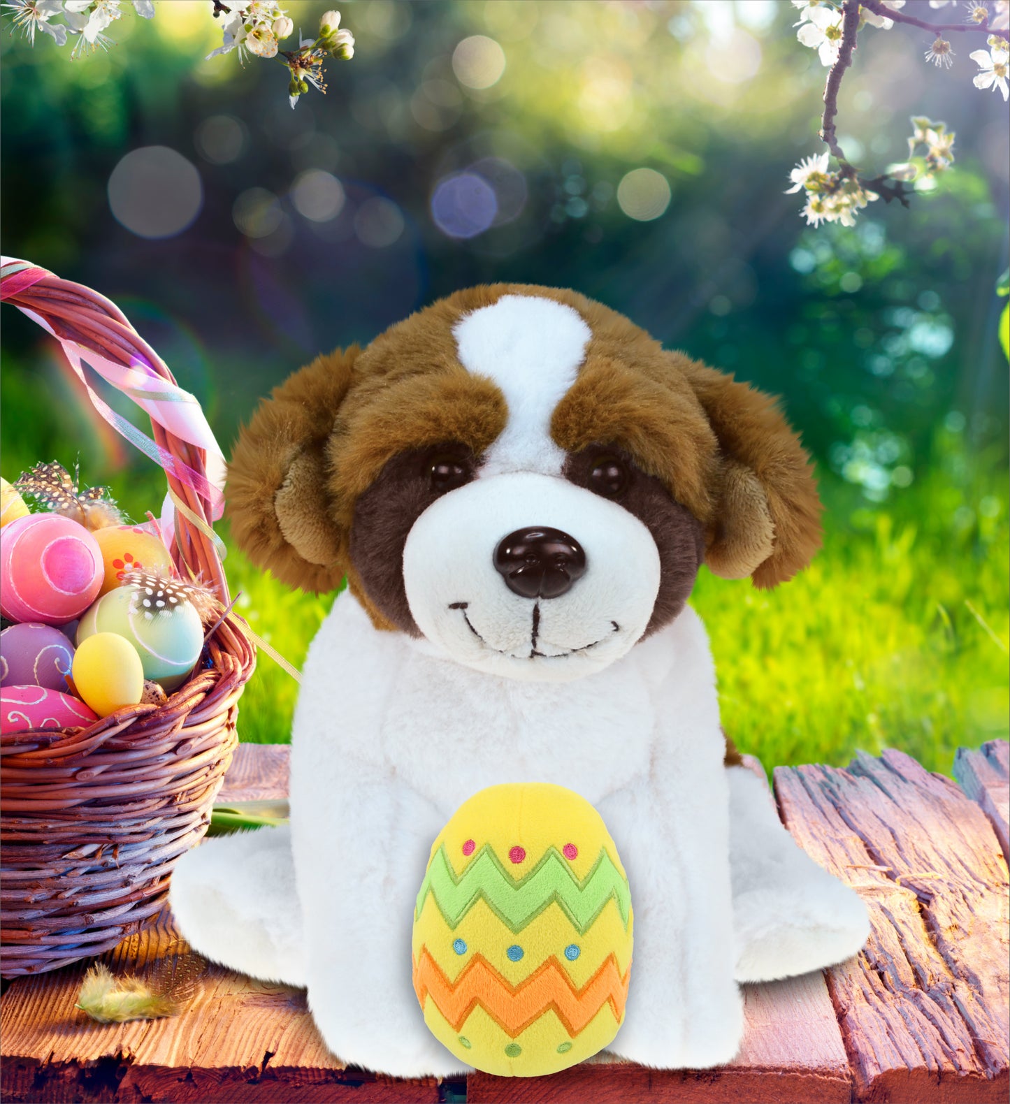 DolliBu Super Soft St. Bernard Dog with Yellow Easter Egg Plush - 8 Inches