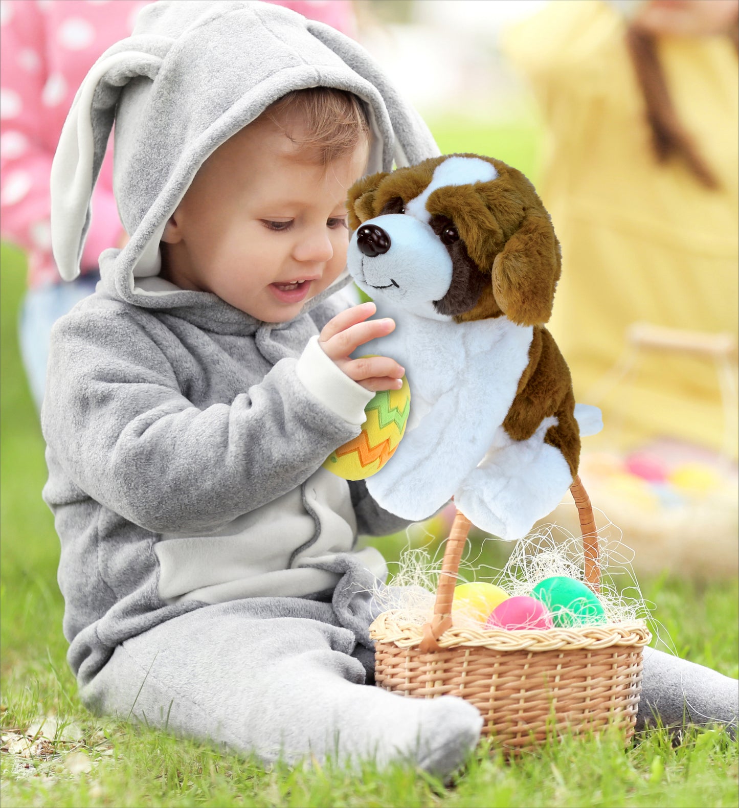 DolliBu Super Soft St. Bernard Dog with Yellow Easter Egg Plush - 8 Inches