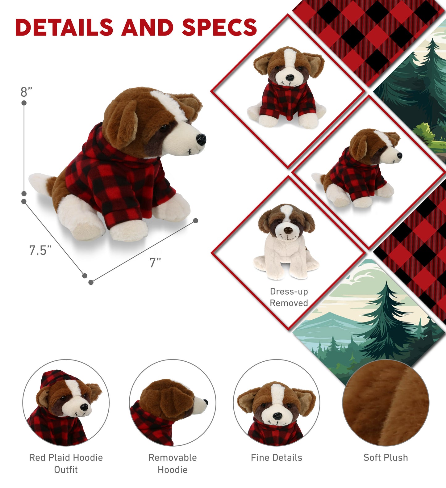 SUPER SOFT PLUSH - ST. BERNARD DOG WITH RED PLAID HOODIE