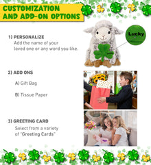 DolliBu Cute Squat Sheep Stuffed Animal with Green Plush Shamrock - 9.5 Inches
