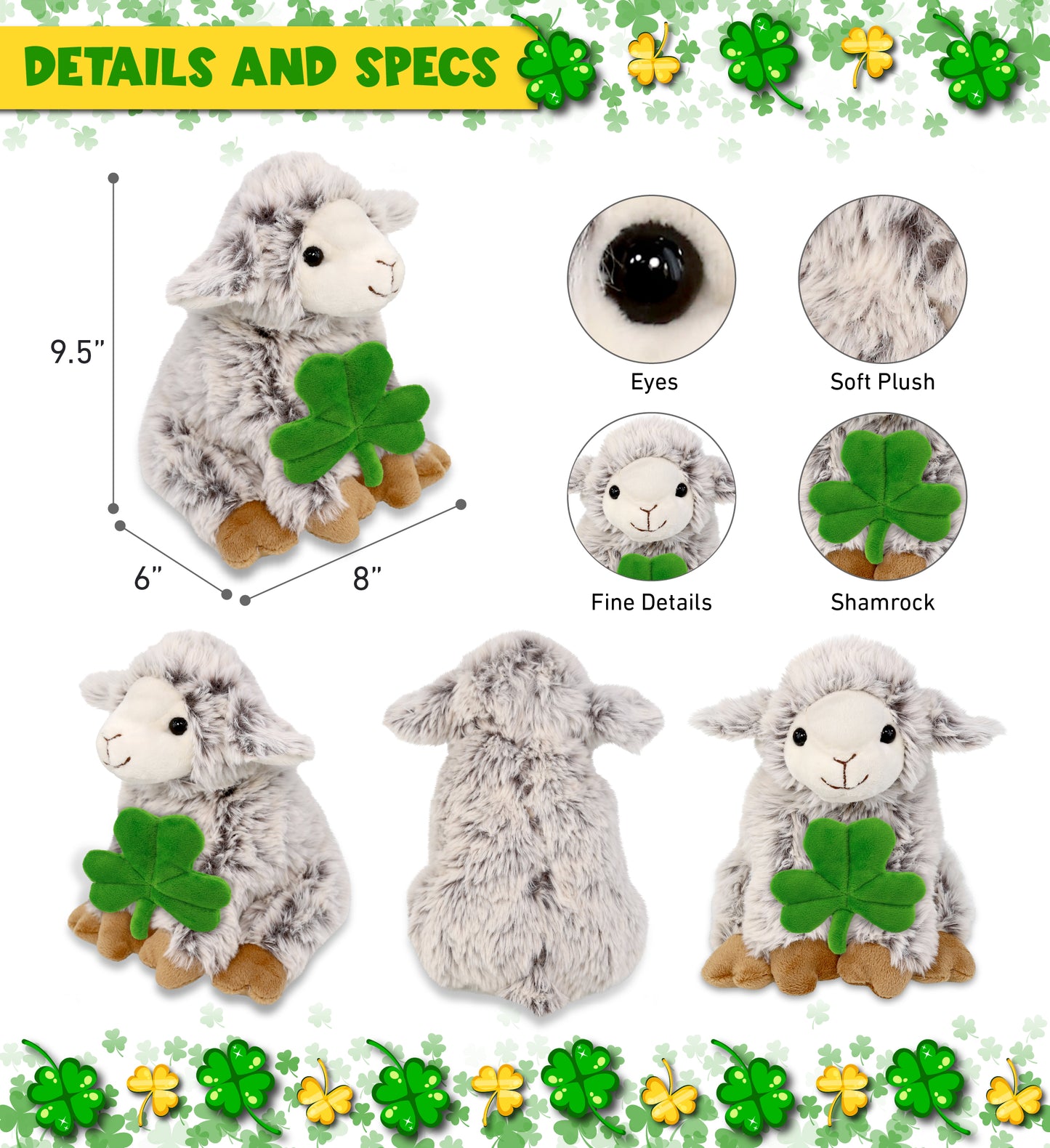 DolliBu Cute Squat Sheep Stuffed Animal with Green Plush Shamrock - 9.5 Inches