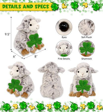 DolliBu Cute Squat Sheep Stuffed Animal with Green Plush Shamrock - 9.5 Inches