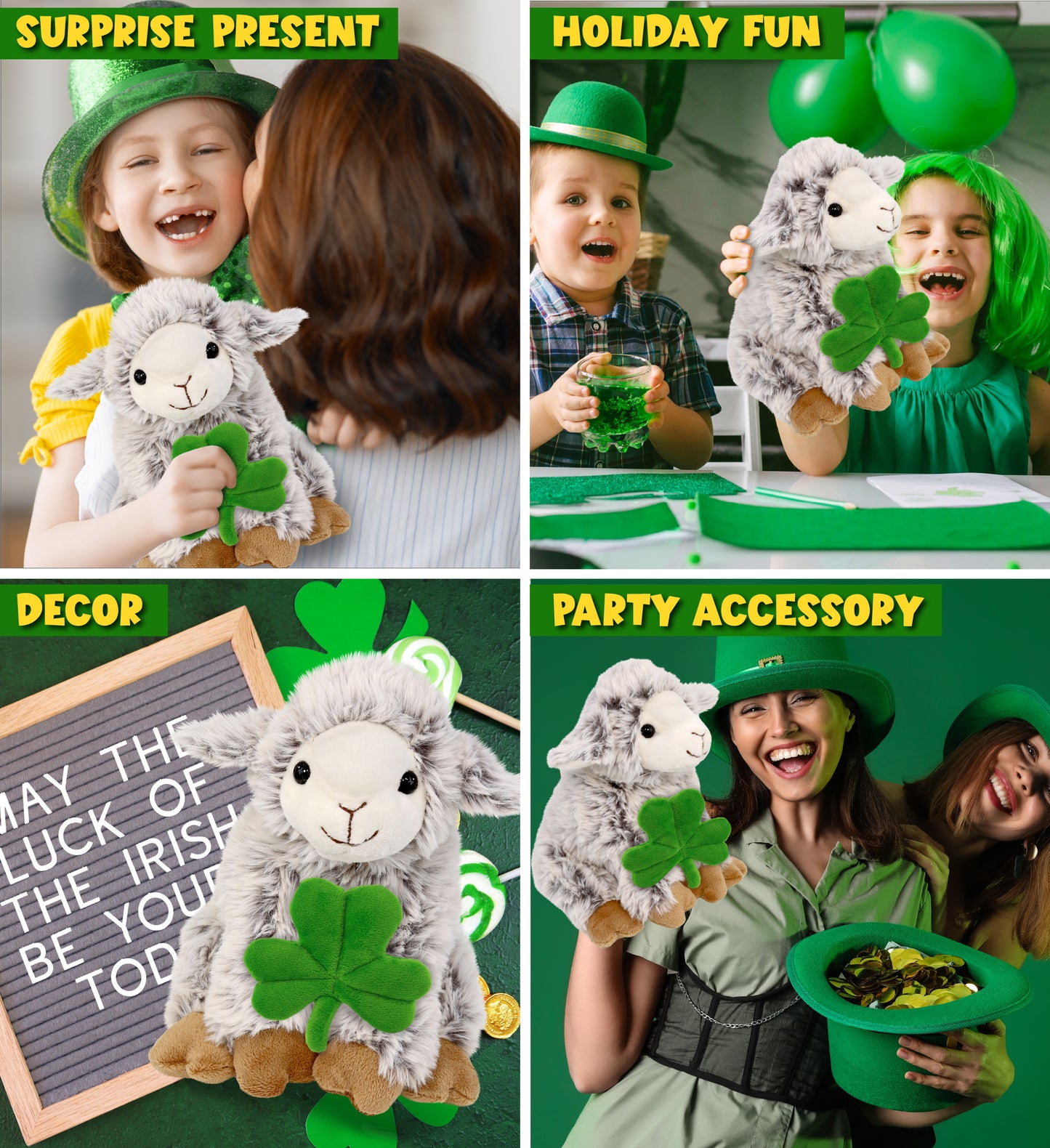 DolliBu Cute Squat Sheep Stuffed Animal with Green Plush Shamrock - 9.5 Inches
