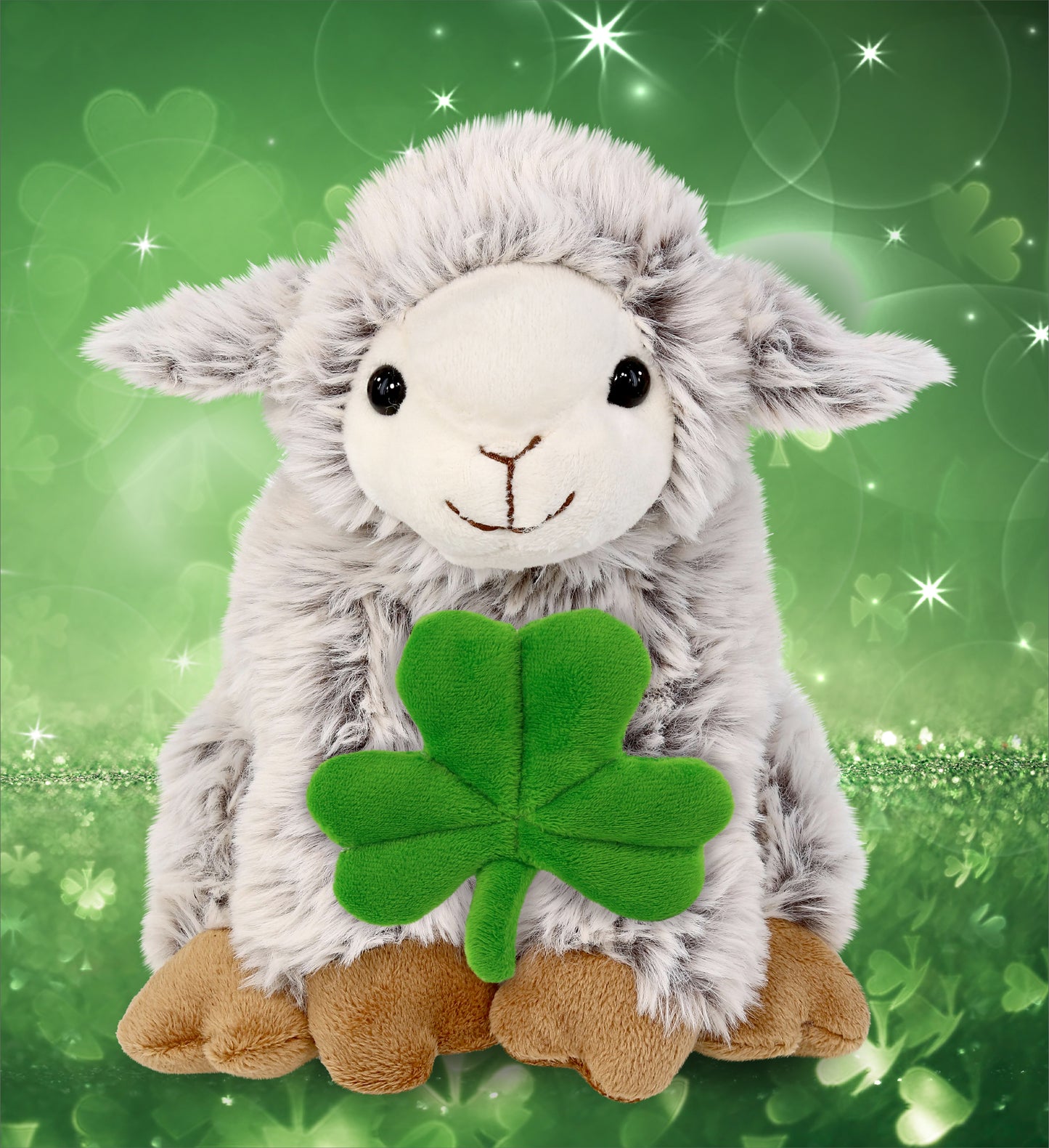 DolliBu Cute Squat Sheep Stuffed Animal with Green Plush Shamrock - 9.5 Inches