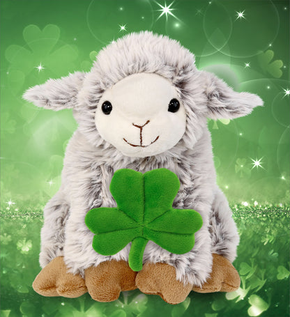 DolliBu Cute Squat Sheep Stuffed Animal with Green Plush Shamrock - 9.5 Inches
