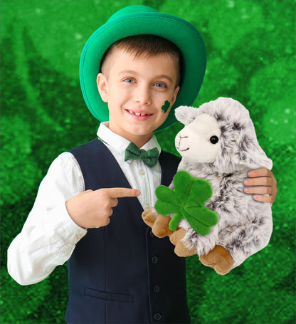 DolliBu Cute Squat Sheep Stuffed Animal with Green Plush Shamrock - 9.5 Inches