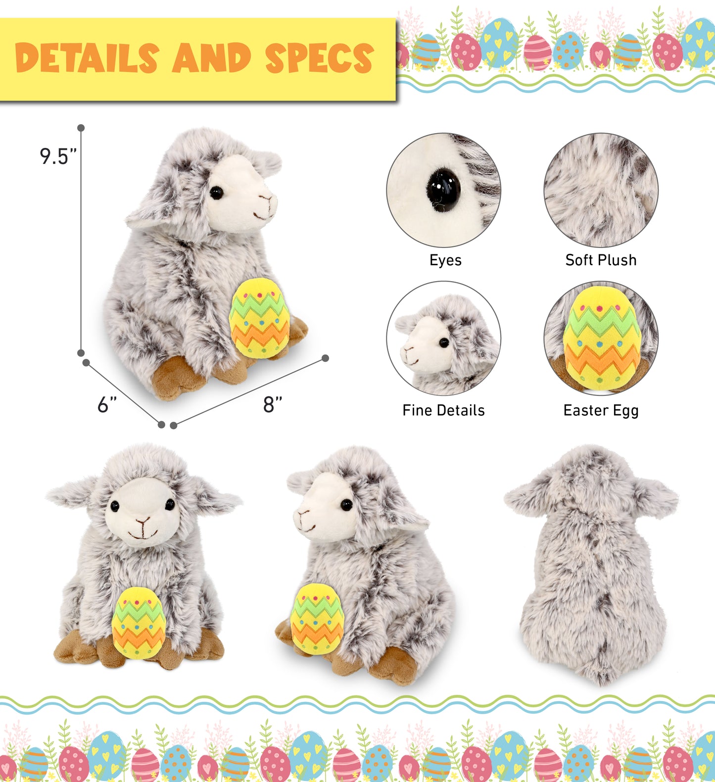 DolliBu Super Soft Squat Sheep with Yellow Easter Egg Plush Toy - 9.5 Inches