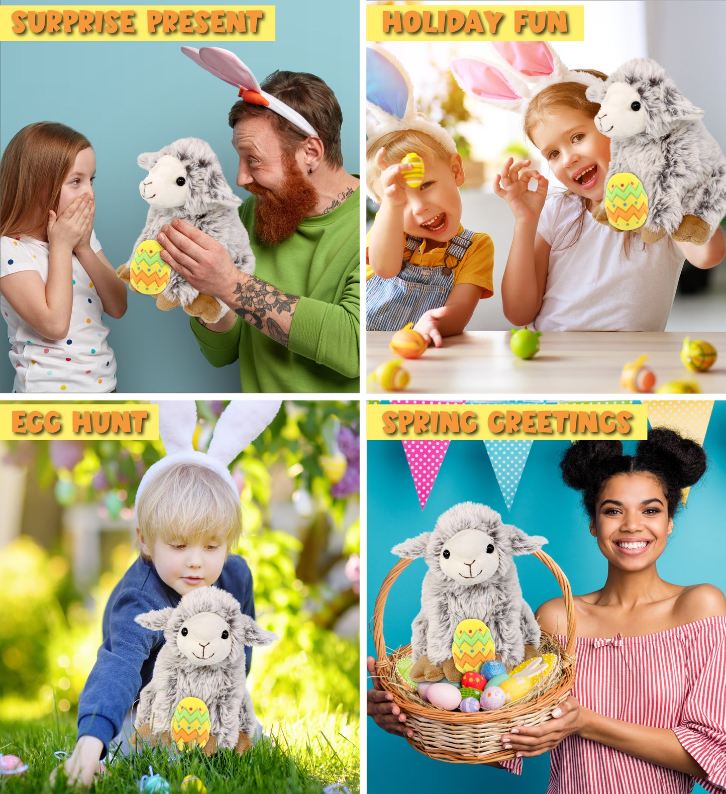 DolliBu Super Soft Squat Sheep with Yellow Easter Egg Plush Toy - 9.5 Inches