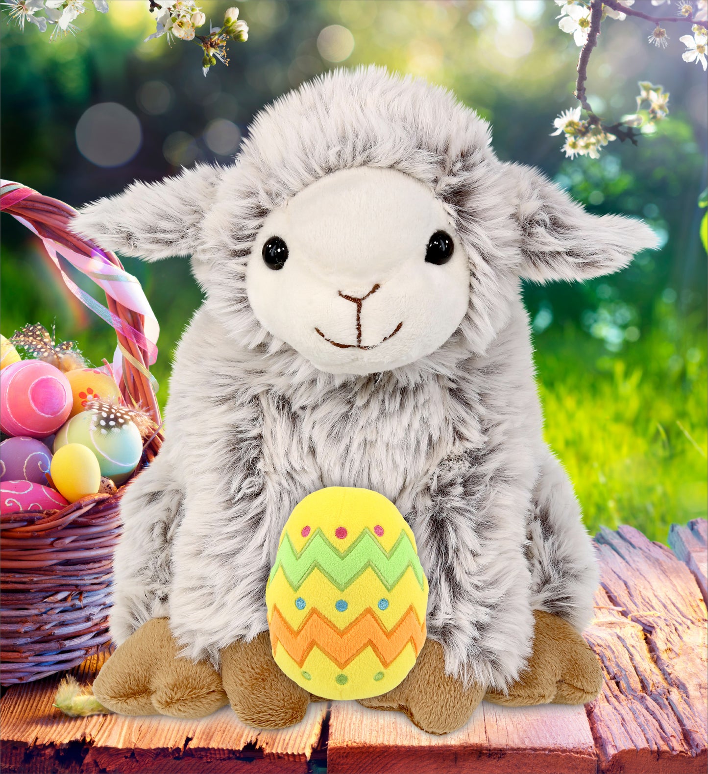 DolliBu Super Soft Squat Sheep with Yellow Easter Egg Plush Toy - 9.5 Inches
