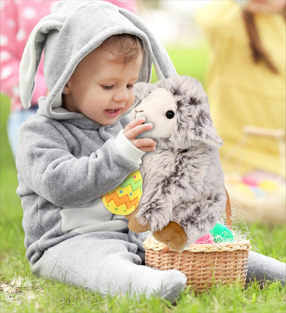 DolliBu Super Soft Squat Sheep with Yellow Easter Egg Plush Toy - 9.5 Inches