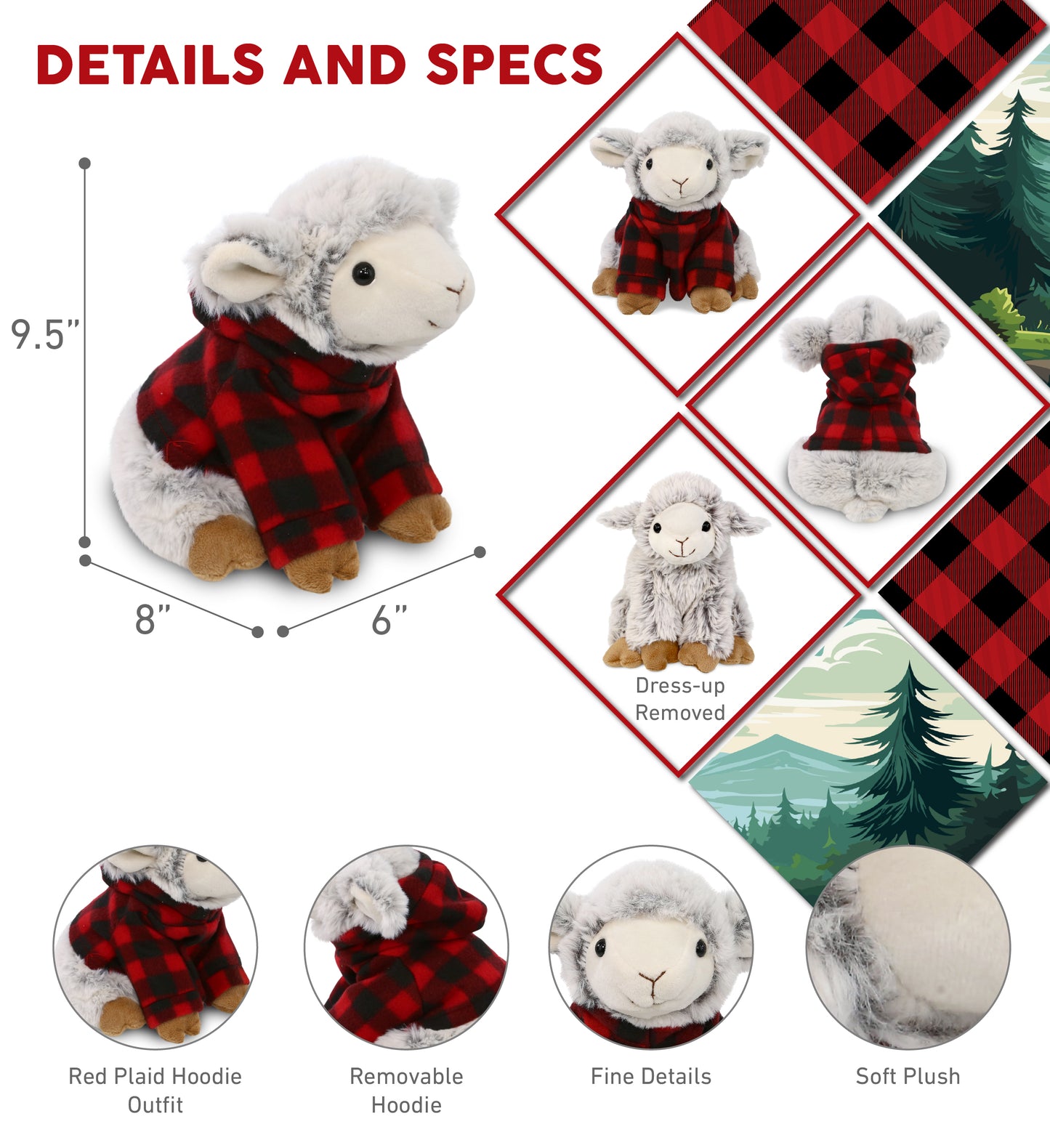 SUPER SOFT PLUSH - SQUAT SHEEP WITH RED PLAID HOODIE