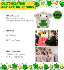 DolliBu Fluffy White Sheep Stuffed Animal with Green Plush Shamrock - 11.5 Inch