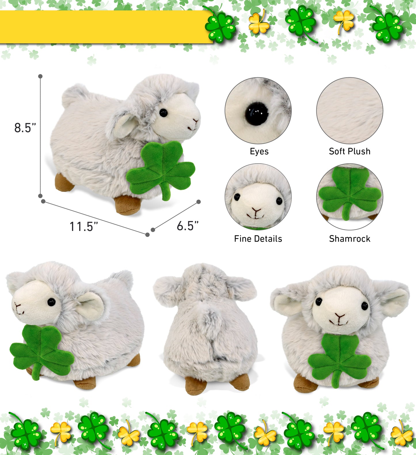 DolliBu Fluffy White Sheep Stuffed Animal with Green Plush Shamrock - 11.5 Inch